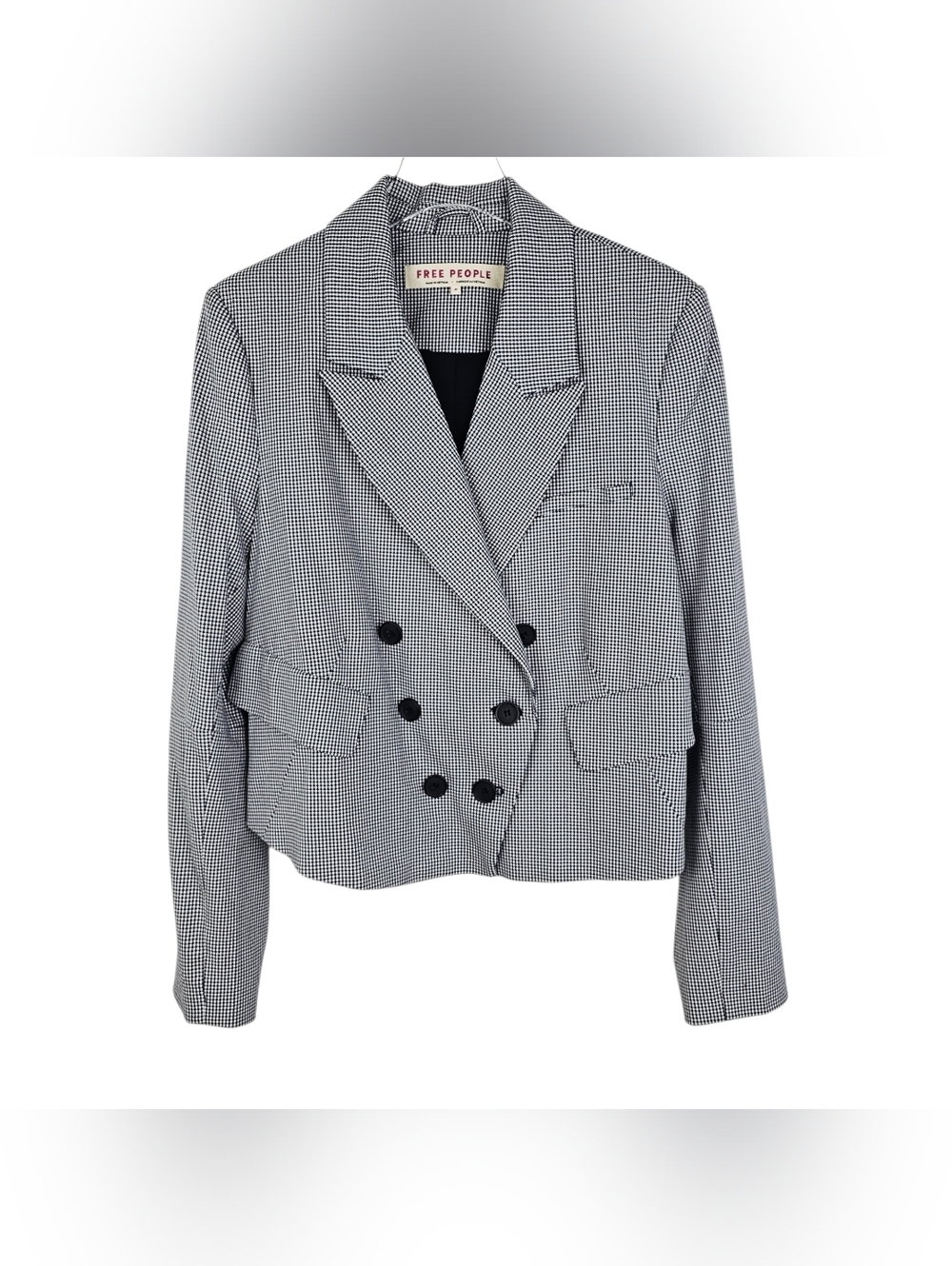 Free People Classic Black & White Herringbone Semi-Cropped Blazer